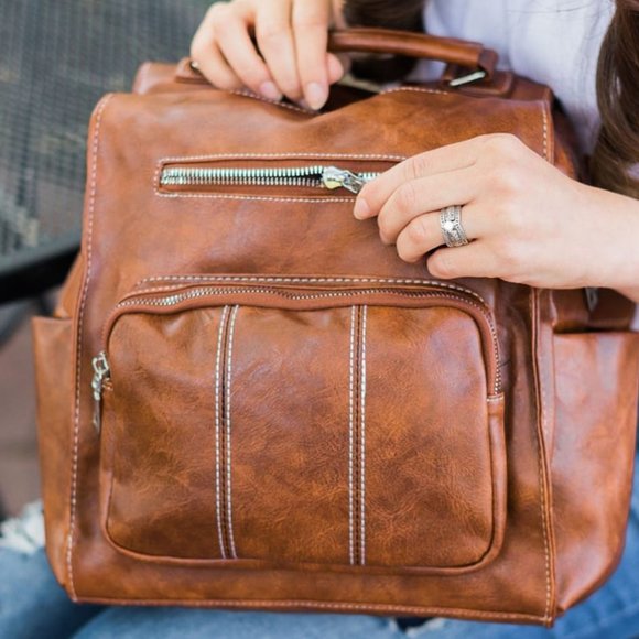 SOFT BROWN FAUX LEATHER BACKPACK STYLE BAG - Picture 2 of 4